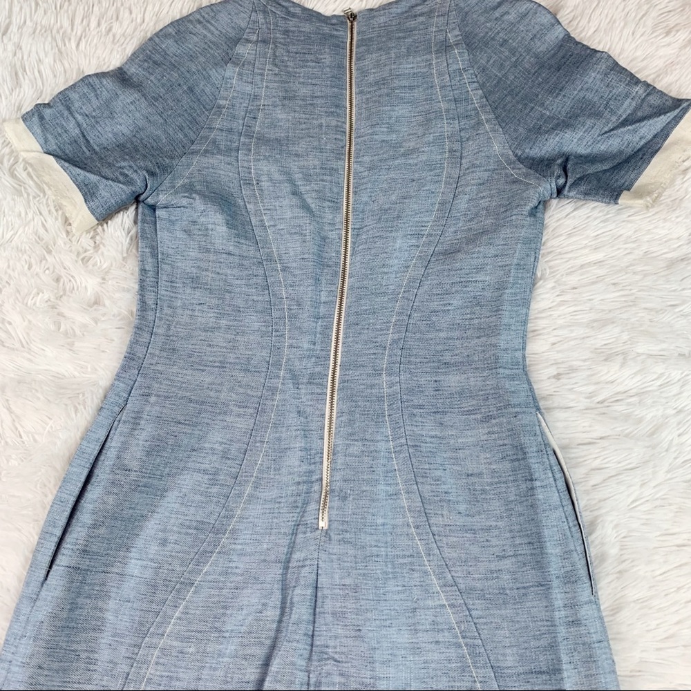 Sea NY short sleeve linen blend sheath dress in‎ light blue with contrast trim - Picture 8 of 10